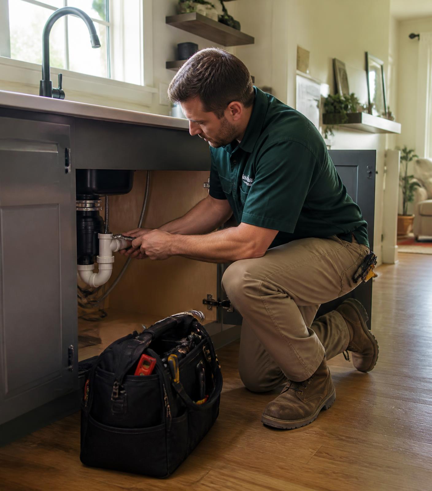 SNX plumber repairing the drain under a kitchen sink in a Fresno home